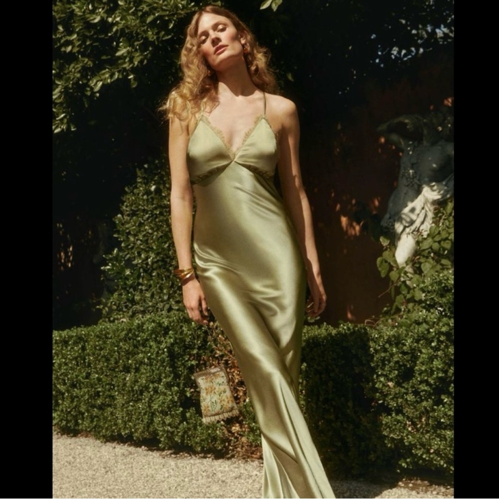 Elegant Reformation Satin Slip Dress in Light Green